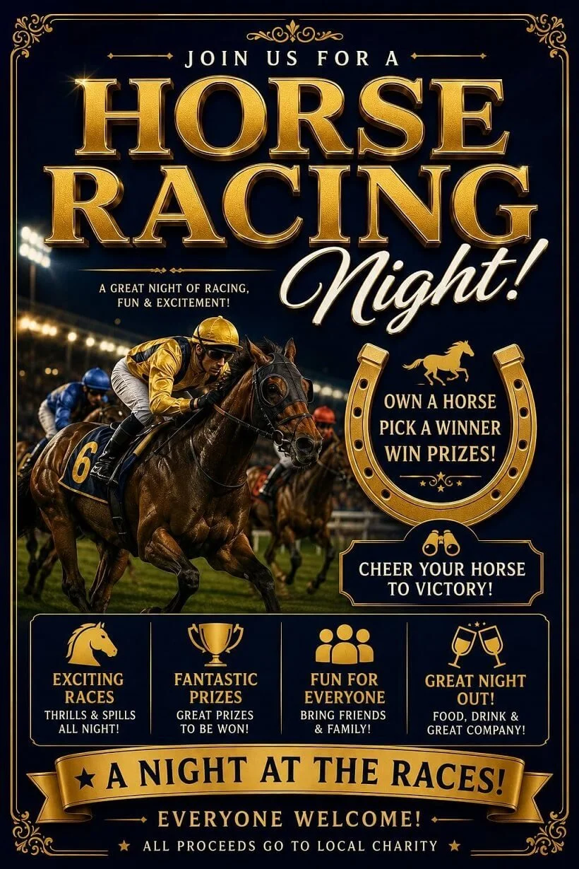 Horse Racing Night showing a race horse, a night at the races