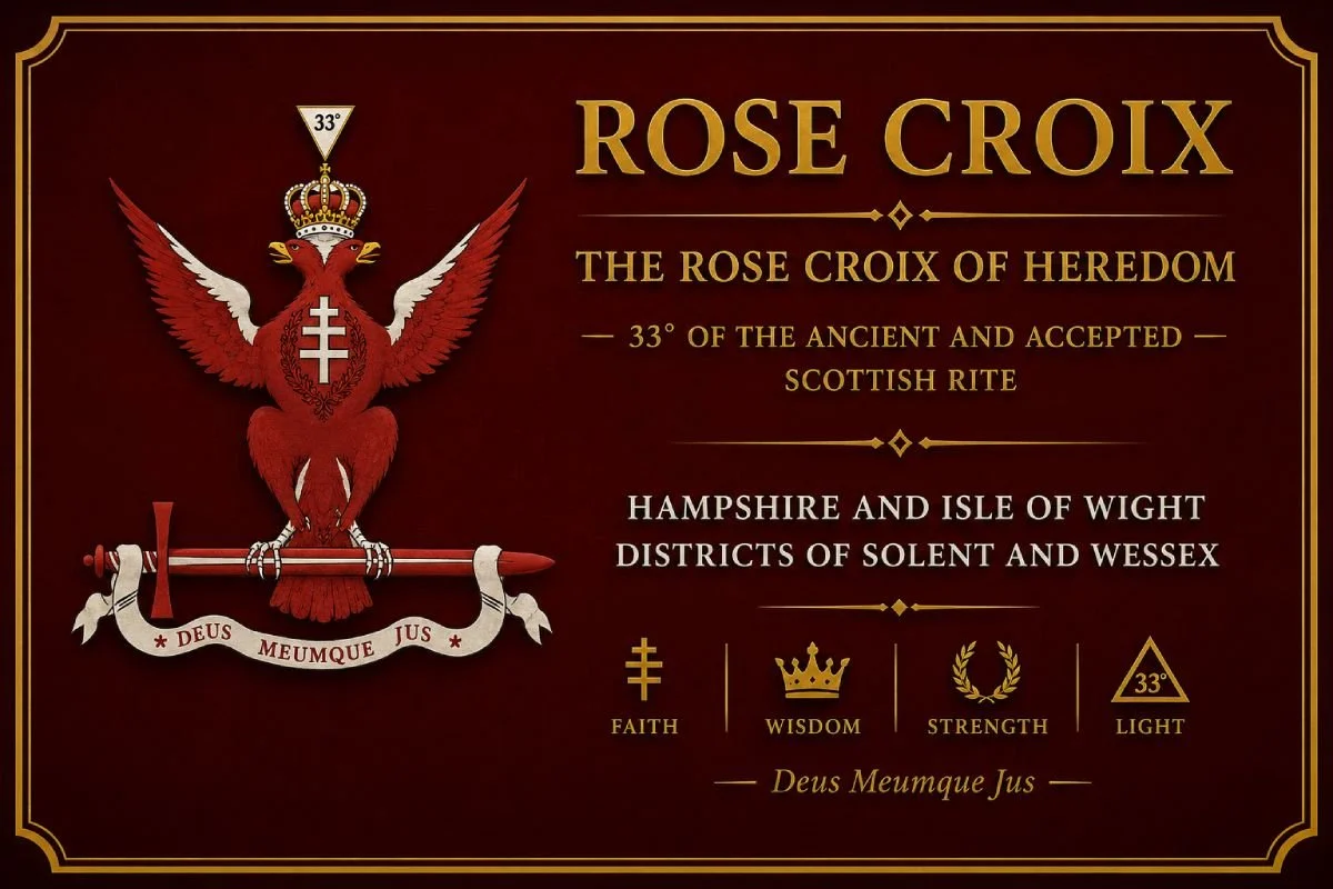 Rose Croix Banner, showing the crest, showing Faith, Wisdom, Strength, Light