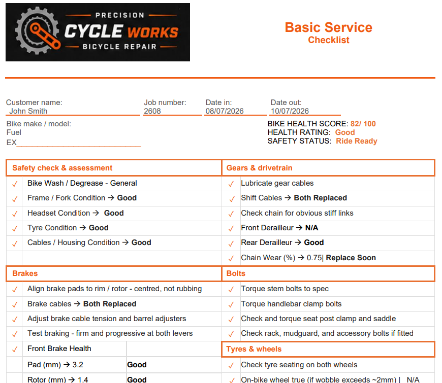 A bicycle repair shop's basic service checklist. Includes details such as customer name, job number, bike make/model, fuel, and repair status. Sections cover safety check and assessment, gears and drivetrain, brakes, bolts, and tyres and wheels. Checks include chain lubrication, gear and shift cable replacement, brake pad and cable inspection, and tyre seating.