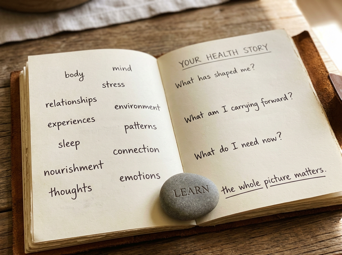Open notebook on a wooden surface with handwritten notes about health and wellbeing, with a grey stone inscribed with 'LEARN' placed between the pages.