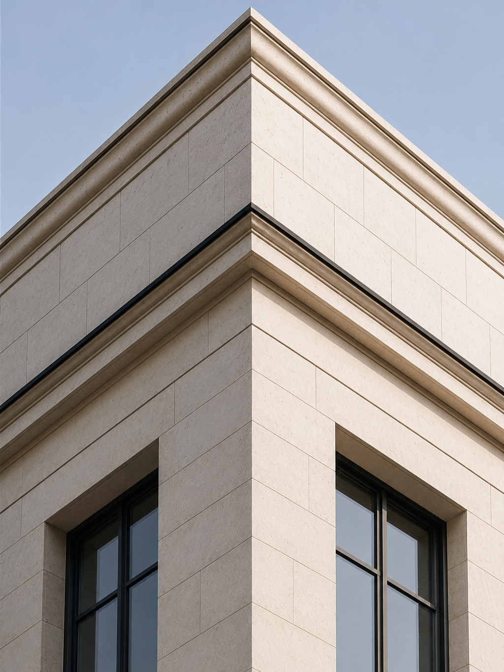 Close-up of a corner of a modern beige stone building with black window frames and decorative molding, under a clear blue sky.