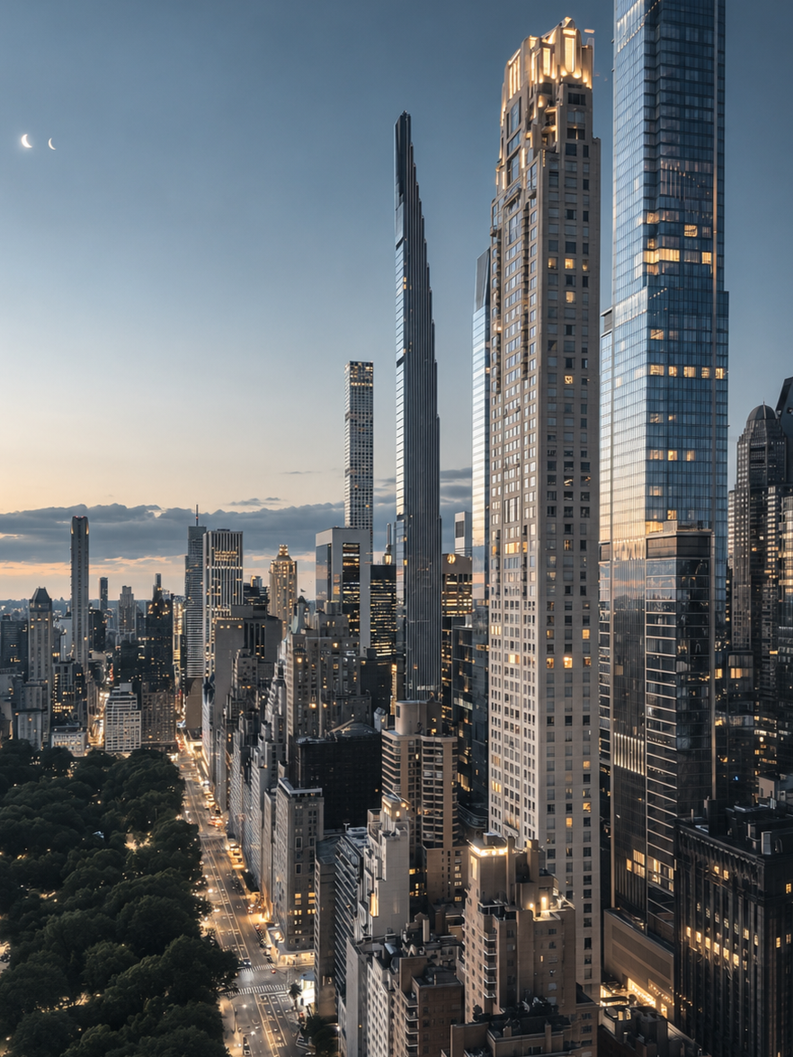City skyline at dusk with tall skyscrapers and a park with trees below.