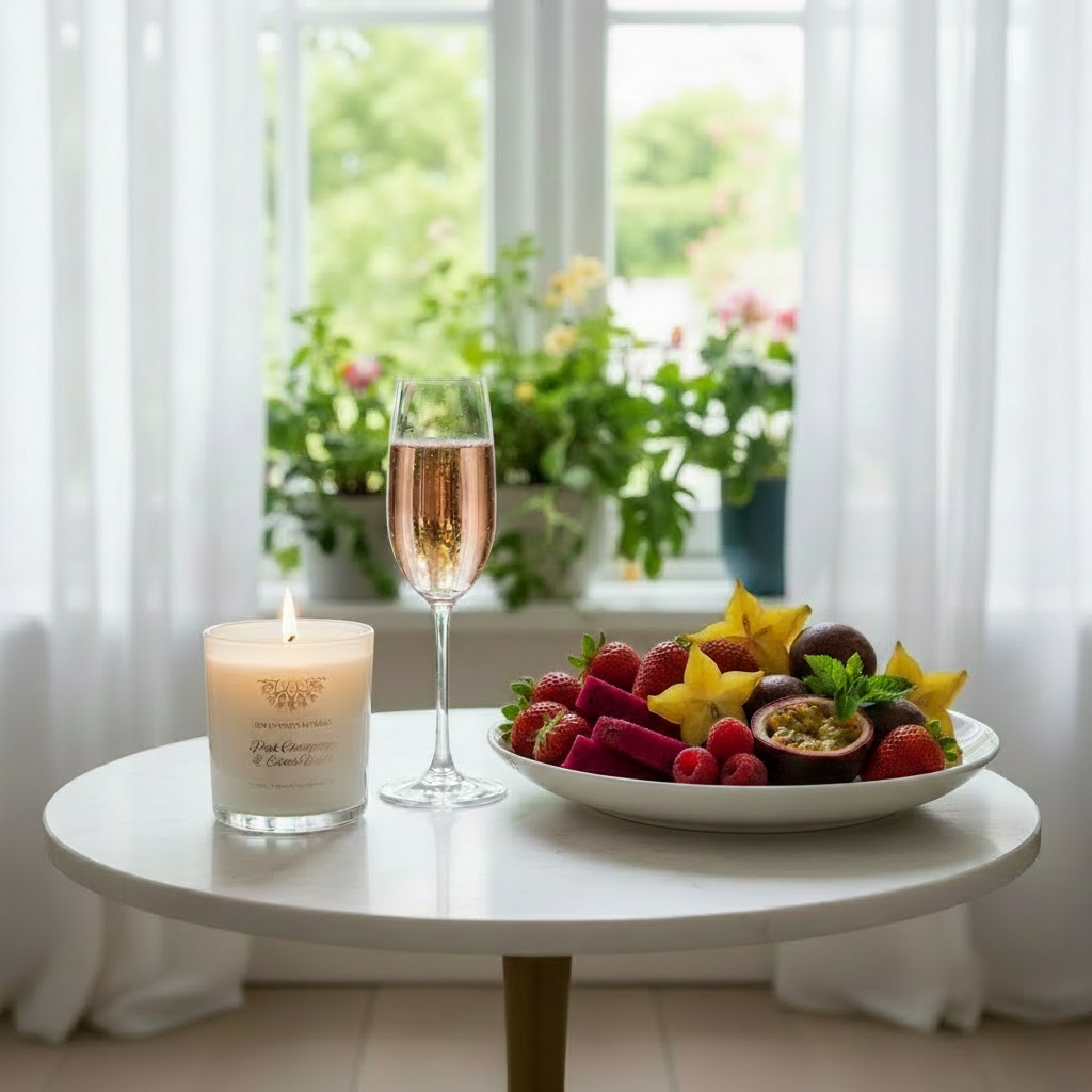 A table with a lit candle, a glass of rosé champagne, and a plate of assorted fresh fruit, set in front of a window with white curtains and a view of greenery outside.