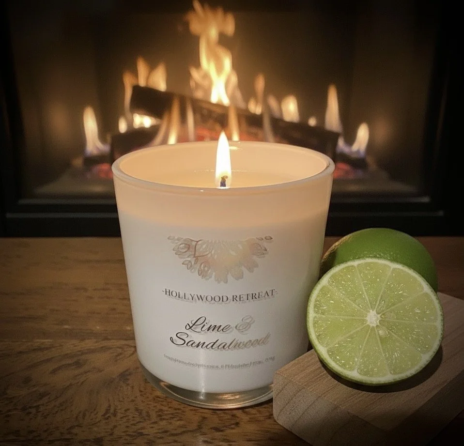 A lit candle labeled "Lime & Sandalwood" from Hollywood Retreat on a wooden table beside a halved lime and a whole lime, with a fireplace in the background.