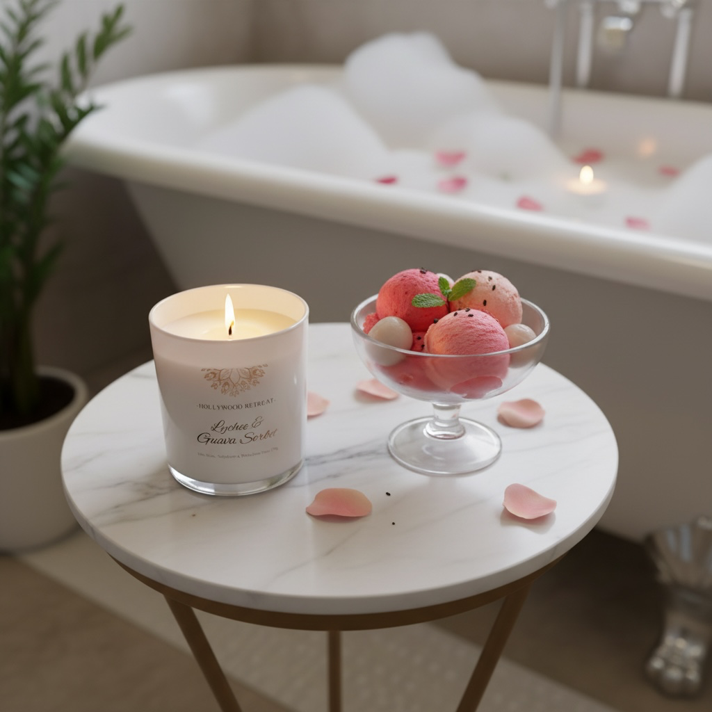 A lit white candle and a glass bowl filled with pink and white scoops of ice cream topped with mint leaves, placed on a small round marble table with scattered pink flower petals. In the background, a bathtub with bubbles and flower petals.