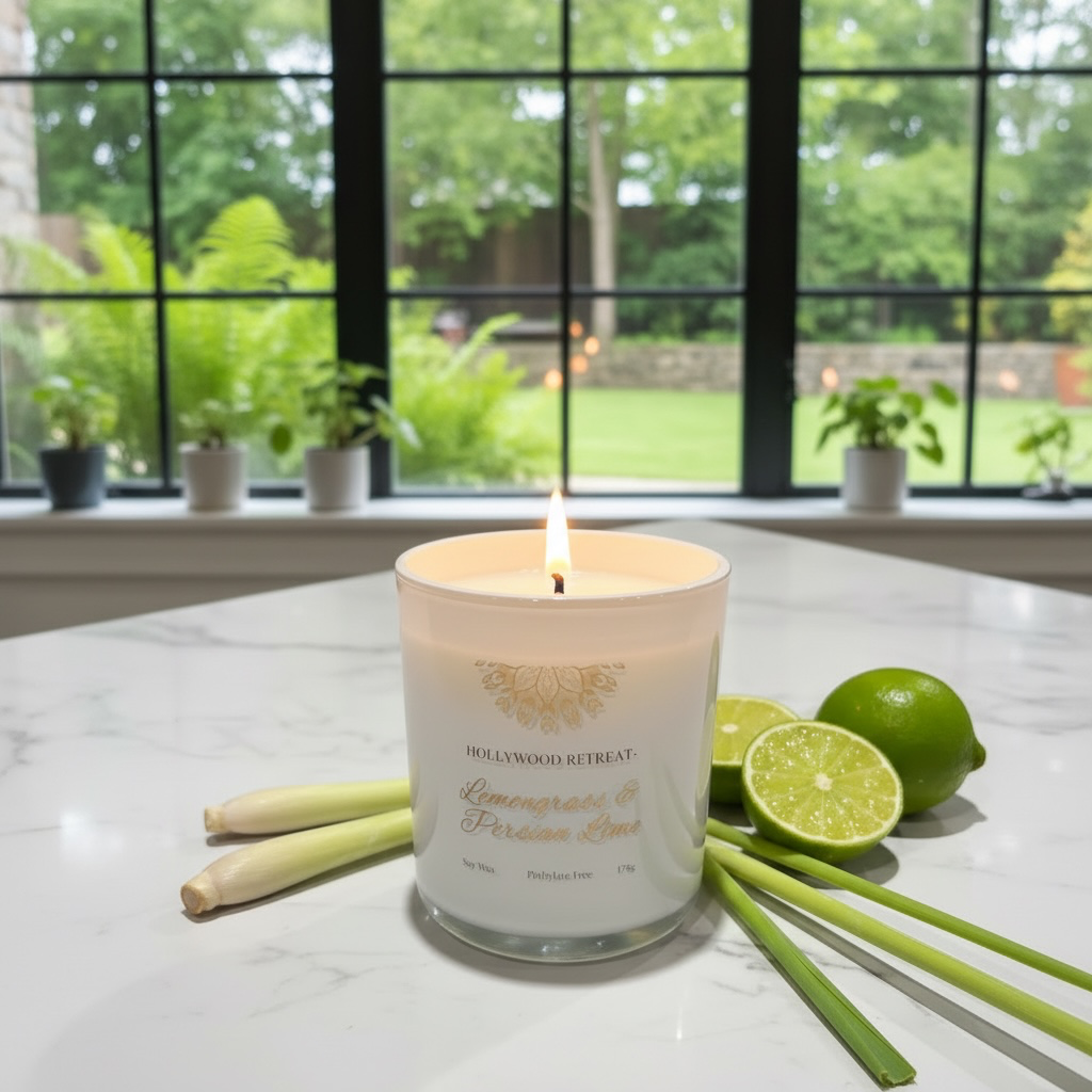 A lit lemon grass and Persian Lime-scented candle on a white marble table with fresh lime and lemongrass stalks, inside a room with large windows viewing a green garden.