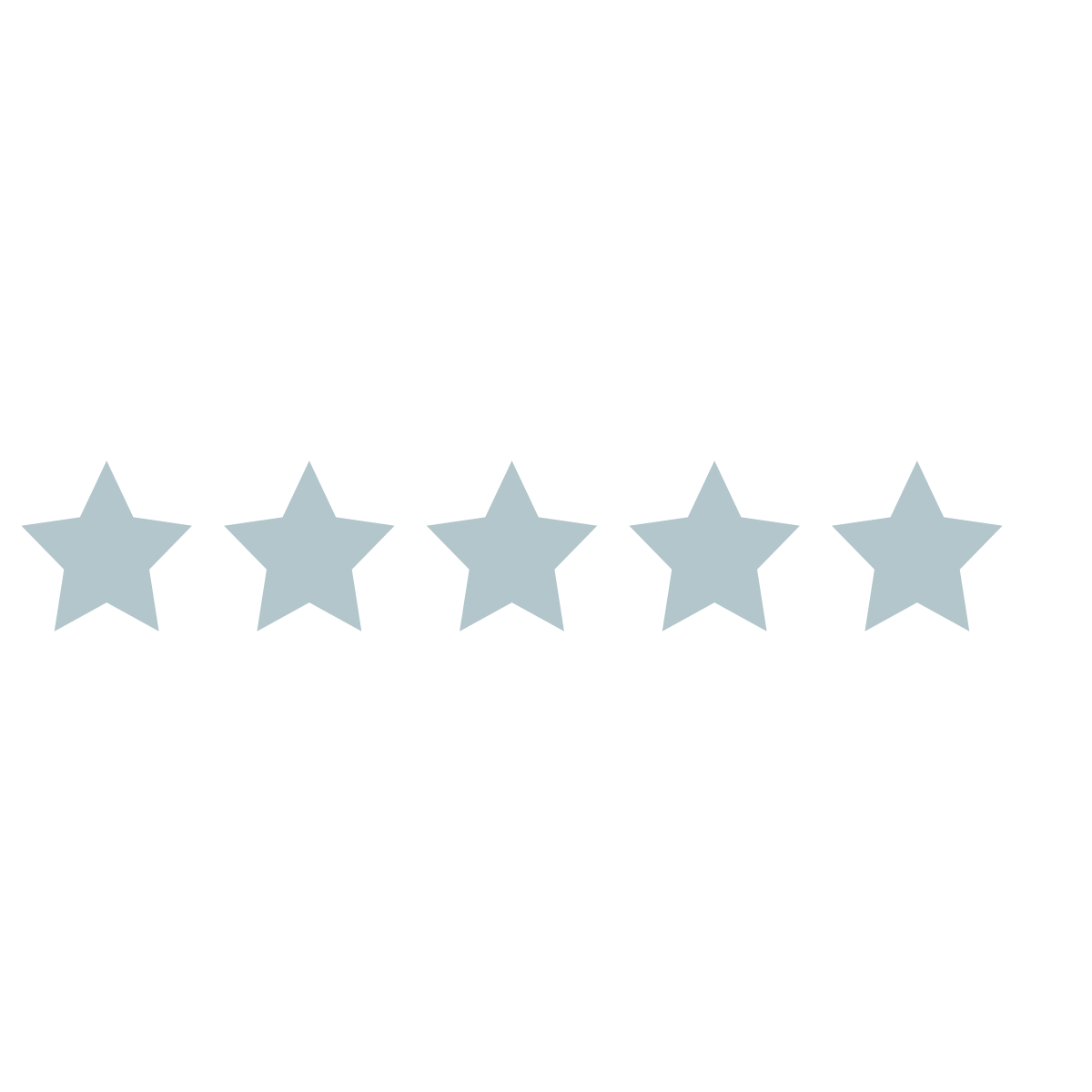Five star rating with five light blue stars in a row on a transparent background