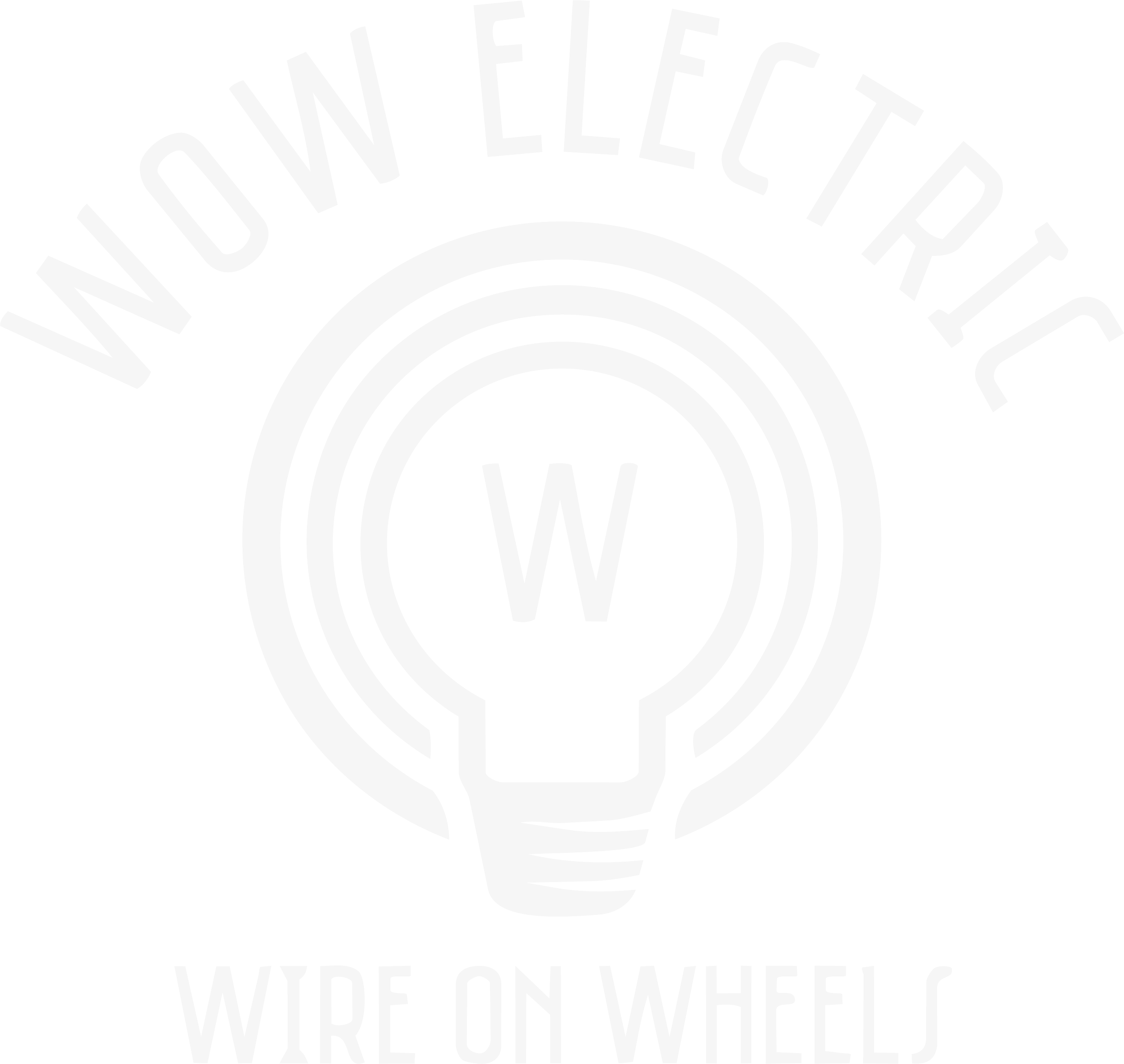 WOW Electric Wire on Wheels logo of a lightbulb and the letter 'W' in the middle, in a cream color on a transparent background.