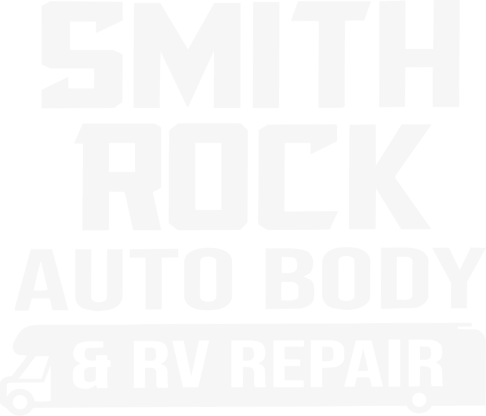 White logo with a bold text that says, 'Smith Rock Auto Body & RV Repair' and a semi-truck graphic on a transparent background.