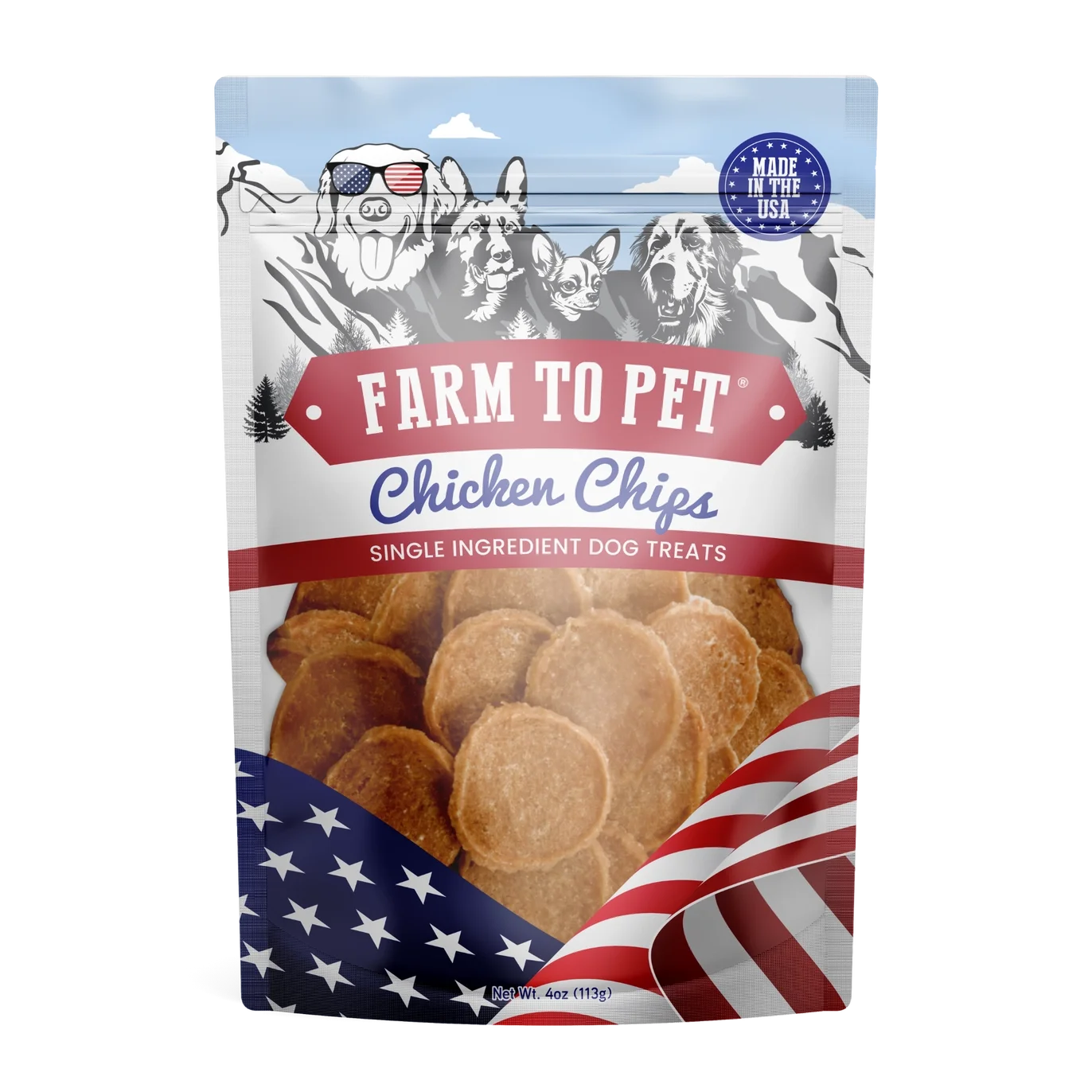 Chicken Chips are made in the USA of 100% natural, locally-sourced, human-grade chicken breast
