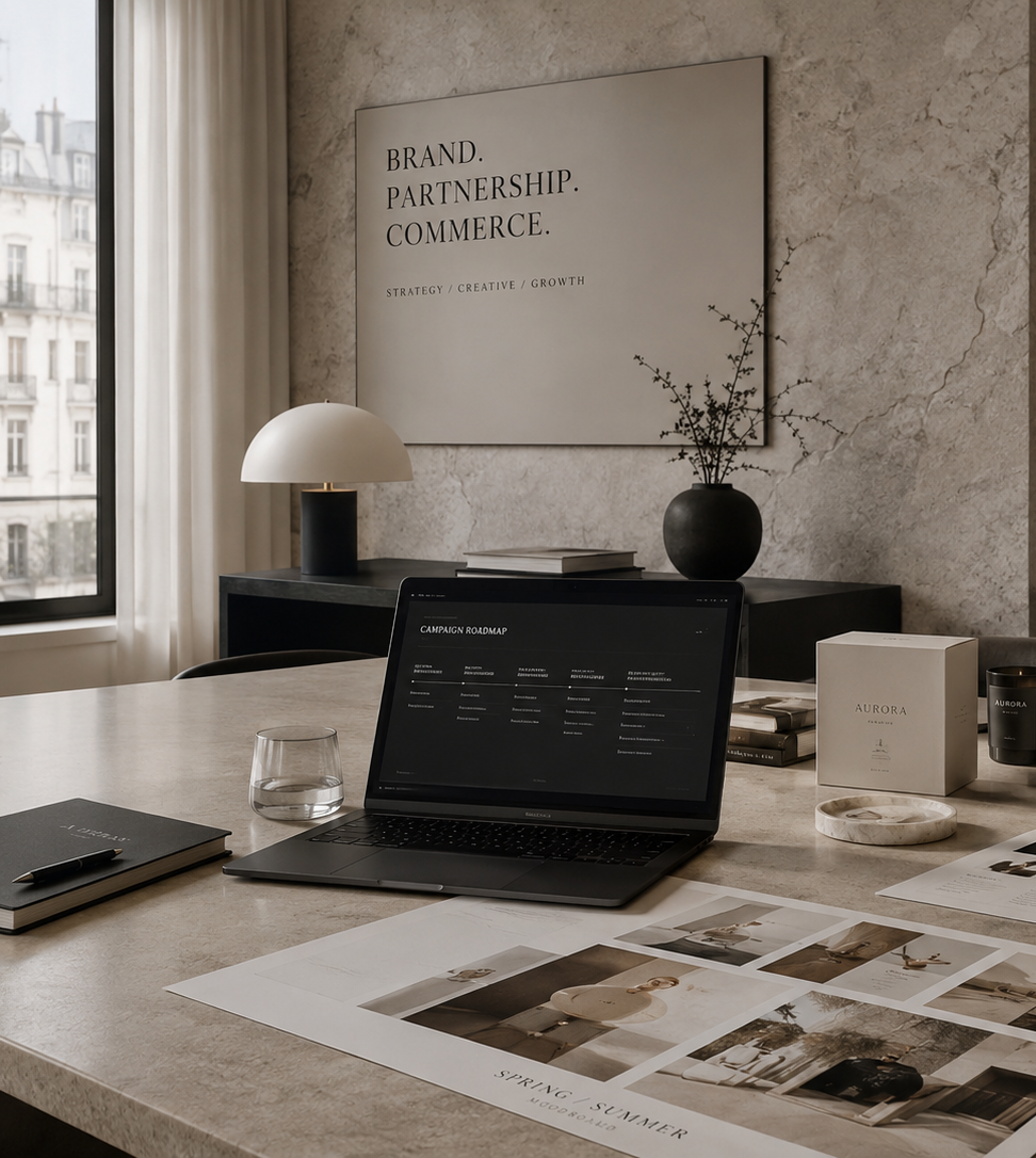 Modern office workspace with a marble table, open laptop displaying a campaign roadmap, photographs, a closed notebook with a pen, a glass of water, and various decorative items, with a large window and a wall-mounted sign reading 'Brand. Partnership. Commerce.'