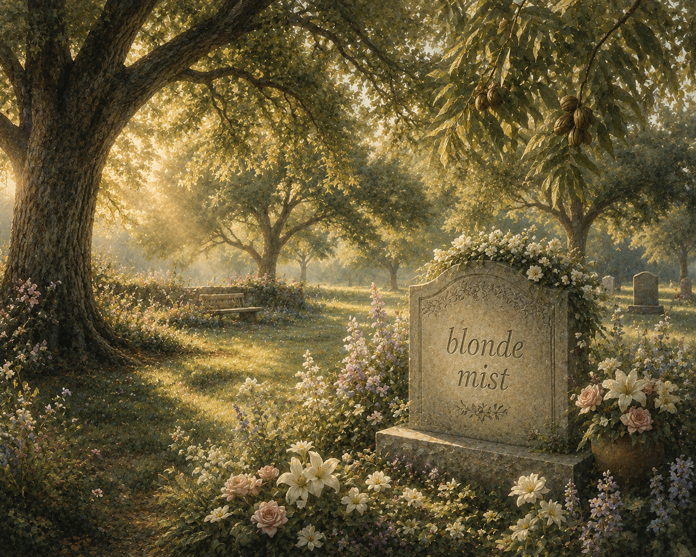 Sunlit cemetery with trees, flowers, benches, and a gravestone engraved with "blonde mist" surrounded by blooming flowers and peaceful scenery.