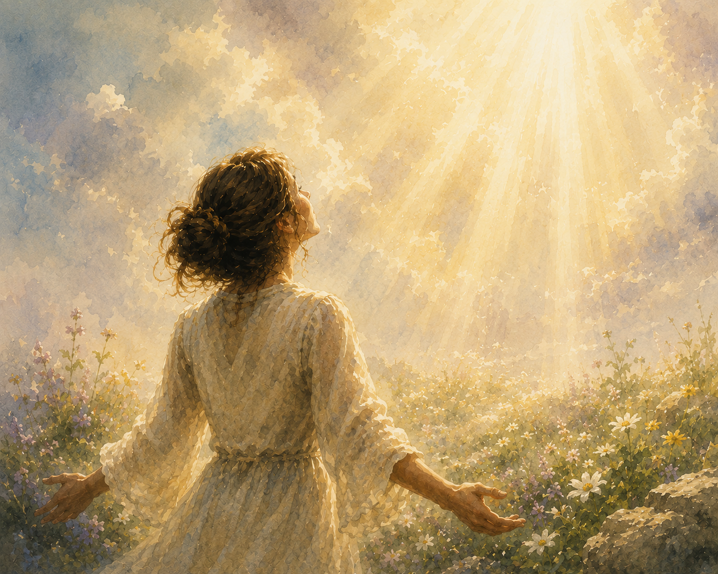 A woman with curly brown hair in a white dress stands in a field of white and purple flowers, reaching out with her hands as sunlight streams down from the sky.