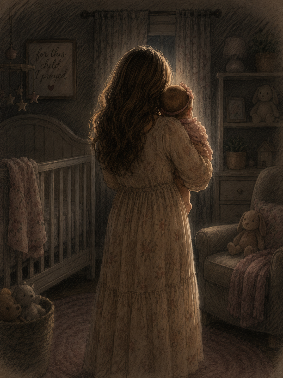 A woman holding a baby in a dimly lit nursery, looking out the window at night. The room has a crib, a chair with a stuffed bunny, and various toys and decorations.