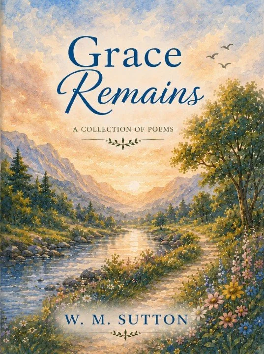 Book cover titled "Grace Remains" by W.M. Sutton, featuring a watercolor landscape of a river flowing through lush greenery, with mountains, trees, flowers, and a sky with birds at sunset.