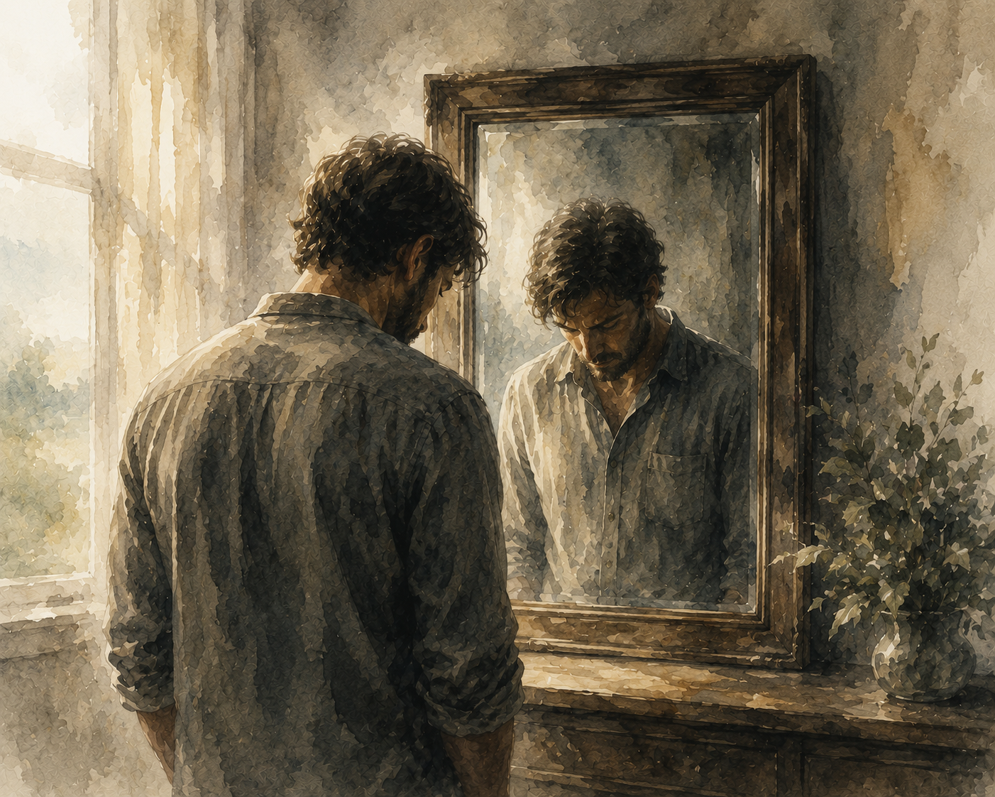 A man with curly hair and a beard looking down at his reflection in a mirror, standing in a room with sunlight coming through a window.