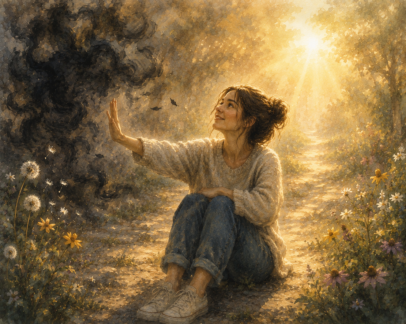 A woman sitting on a dirt path surrounded by flowers, reaching out towards a cloud of black smoke with her hand, in a forested area illuminated by sunlight, as she looks at the smoke.