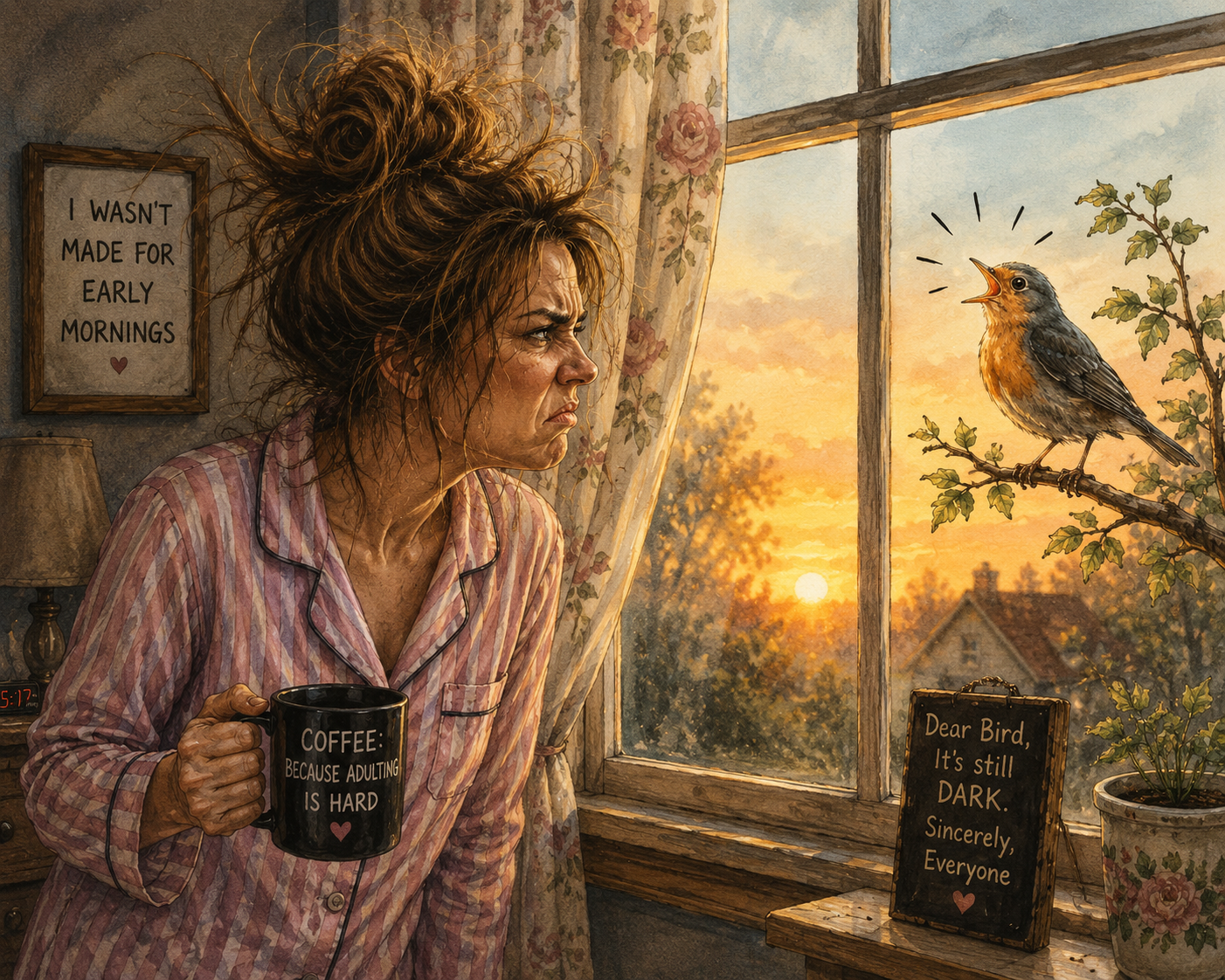 A woman with messy hair, wearing pink striped pajamas, holding a black mug that says 'Coffee: Because Adulting is Hard,' looking out a window at a bird singing on a branch during sunrise. There are two signs, one on the wall saying 'I wasn't made for early mornings,' and a small chalkboard on a table beside a potted plant that says 'Dear Bird, It's still dark. Sincerely, Everyone.'