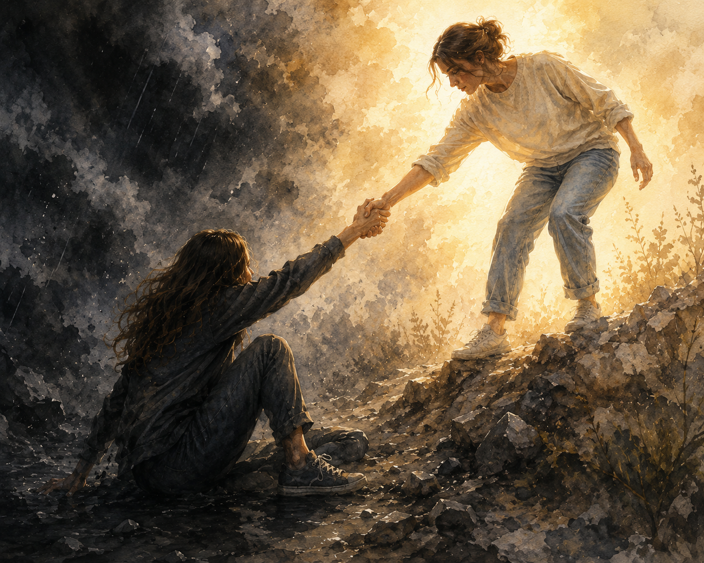 A woman on a rocky hillside reaching down to help a girl sitting on the ground, with sunlight illuminating the scene.