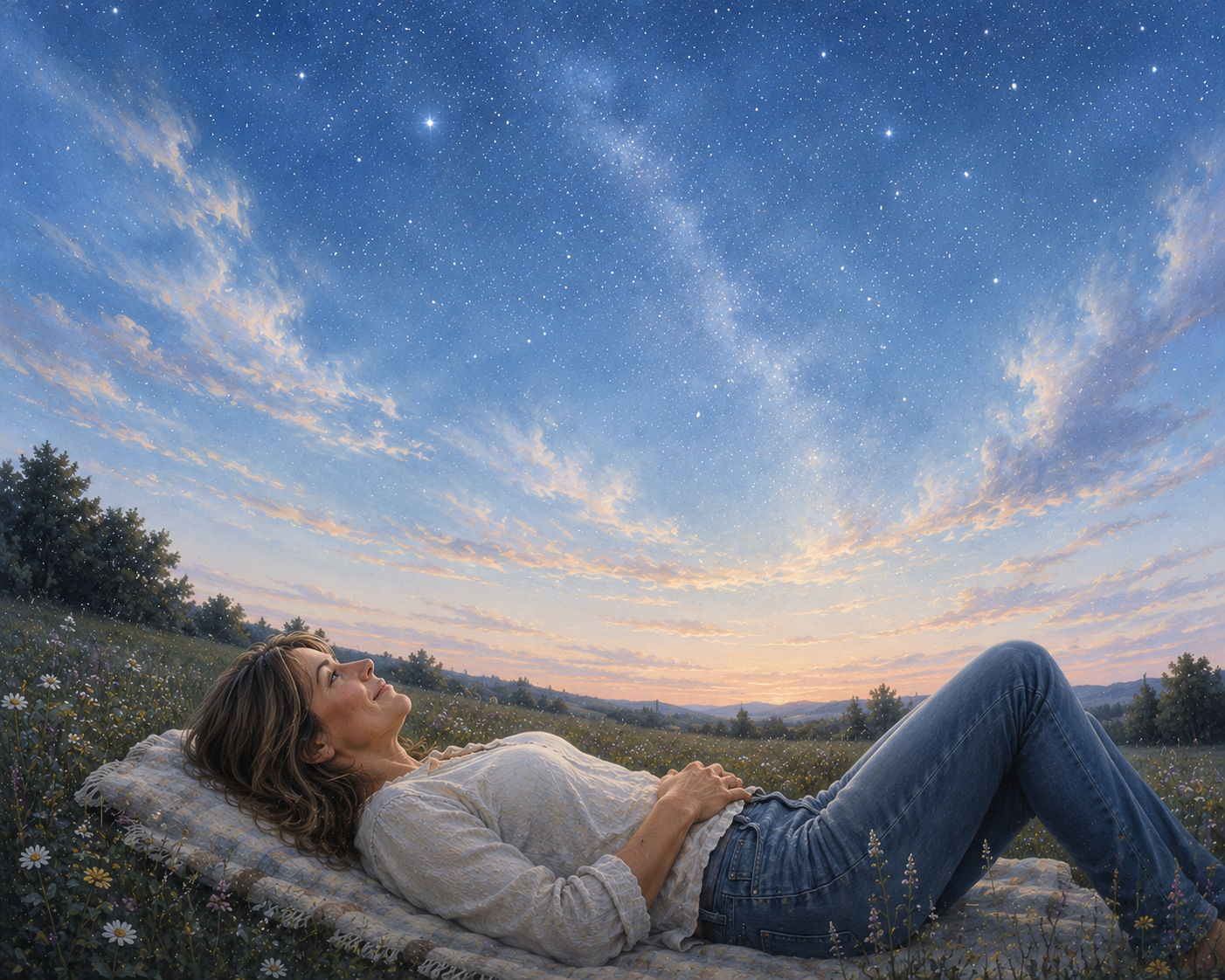A woman lying on a blanket in a grassy field, looking up at a starry night sky with the Milky Way visible.