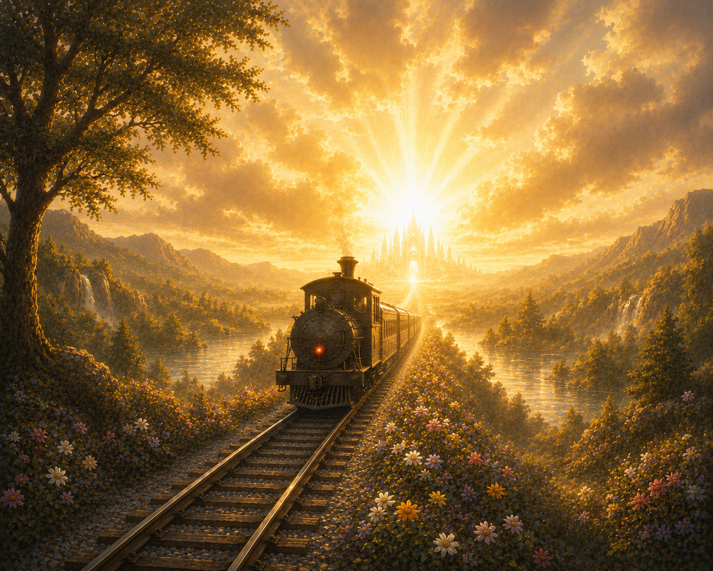 A train traveling on a railway track through a vibrant landscape with flowers, trees, mountains, waterfalls, and a glowing castle in the distance, illuminated by a golden sunrise or sunset.
