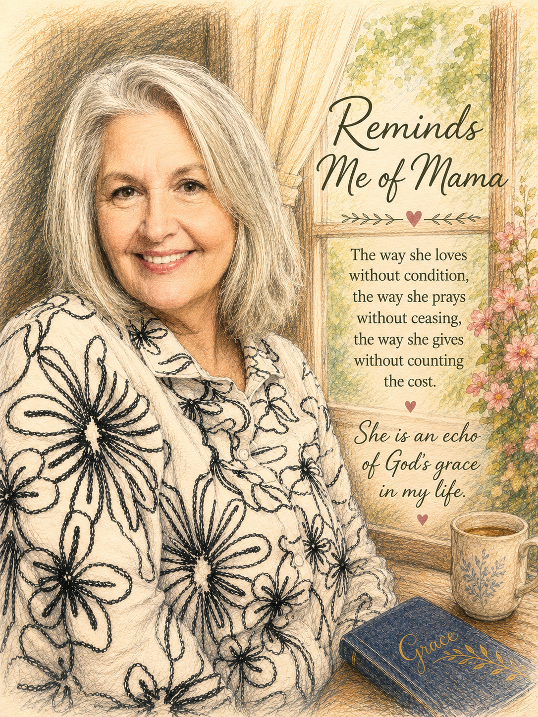 A smiling elderly woman with gray hair sitting at a table with a coffee mug and a blue book titled 'Grace.' There is a window behind her with pink flowers outside and a beige curtain. To the right, there is a quote and a message about a woman who is a reflection of God's grace in the speaker's life.