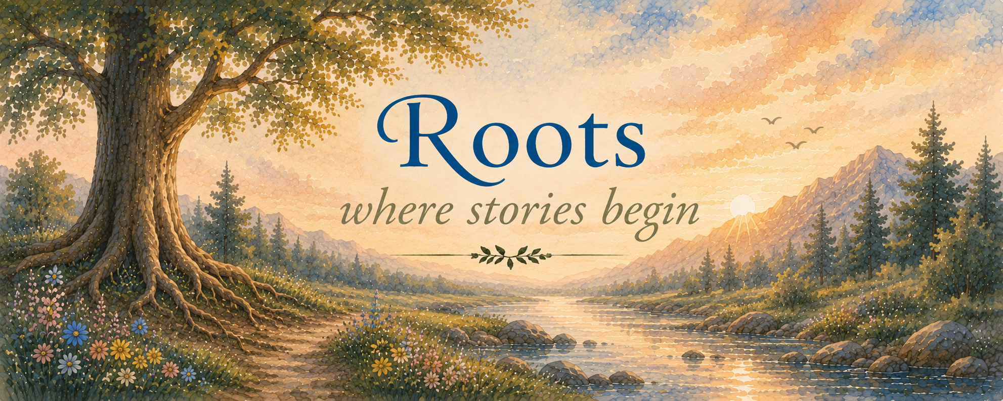 A scenic landscape painting of a large tree with golden leaves on the left, mountains and a river in the background during sunset or sunrise, with small birds flying in the sky. Overlaid text reads 'Roots where stories begin'.
