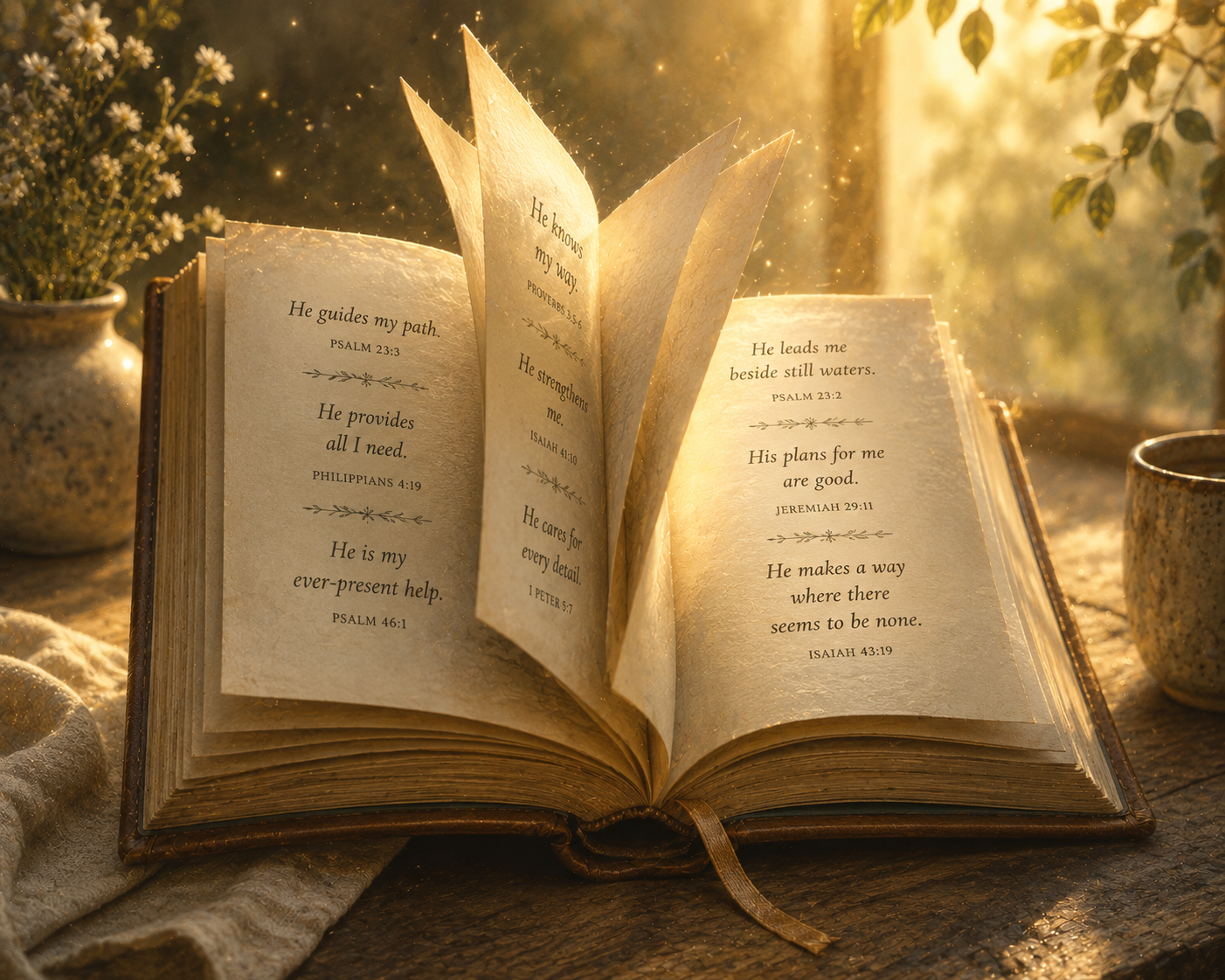Open Bible with highlighted verses about guidance and trust, surrounded by plants and candles in warm, golden lighting.