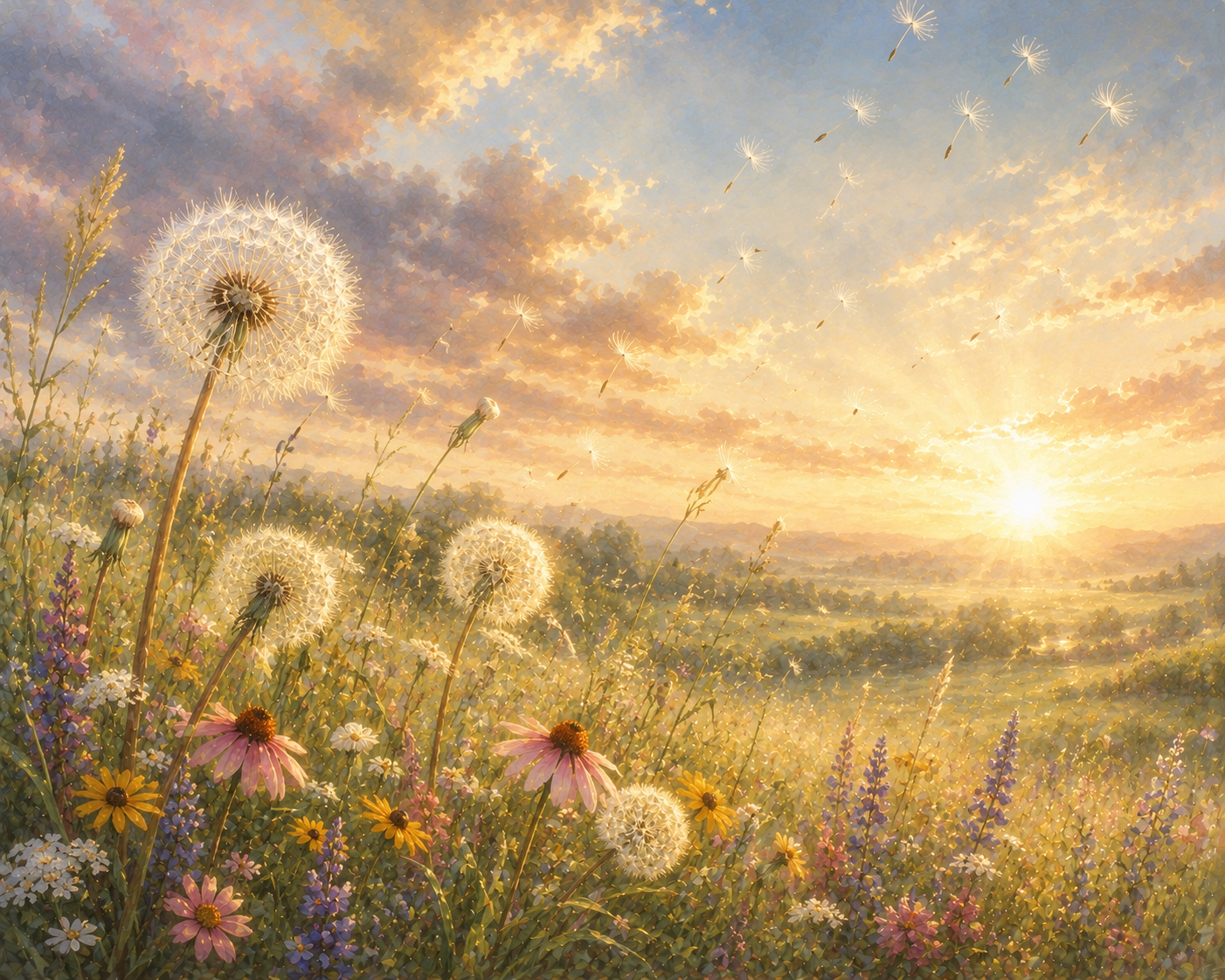 Sunrise over a field of wildflowers with dandelions and other flowers, some of the dandelions have released their seeds into the sky.