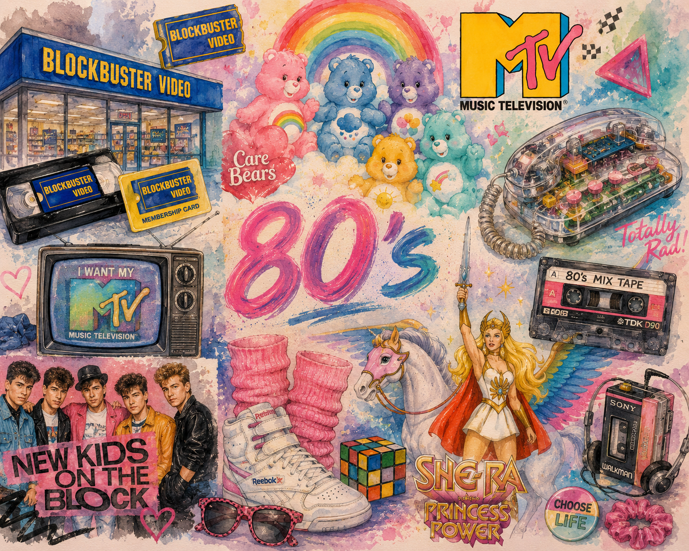 Colorful collage of 1980s pop culture items including Care Bears, a rainbow, MTV logos, cassette tapes, a vintage TV with MTV, a boombox, a Rubik's Cube, roller skates, sunglasses, a CD, headphones, a toy locker, and a group of four young men, with the words '80s' written in vibrant colors.