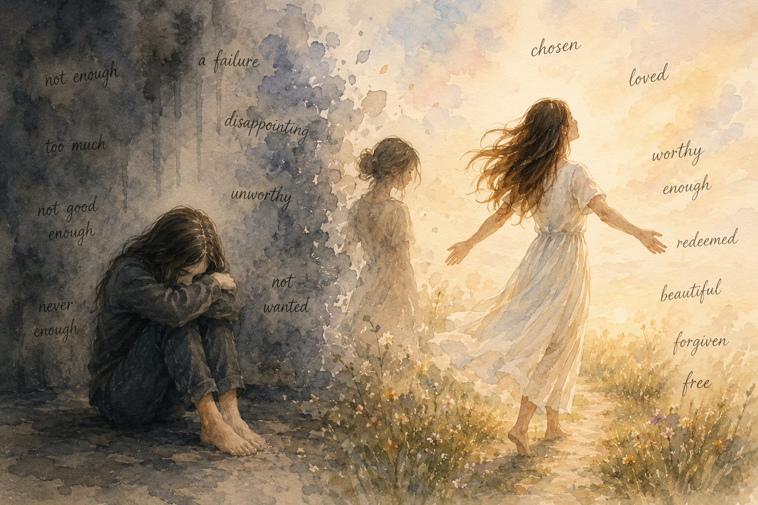 A watercolor painting depicting a woman sitting on the ground with her head bowed and arms crossed over her knees on the left side, representing sadness or despair. To the right, a woman in a flowing dress stands with arms outstretched and face uplifted, symbolizing hope and liberation. The background transitions from dark and gloomy on the left to bright and warm on the right, with words of negative feelings on the left and positive affirmations on the right, illustrating a transition from despair to hope.