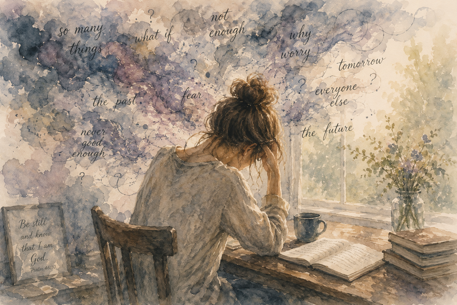 A woman sitting at a wooden desk by a window, reading a book and surrounded by a vase of flowers and a stack of books. The background features watercolor-style clouds with handwritten phrases about worry, fear, and time, along with a framed quote from Psalm 46:10.