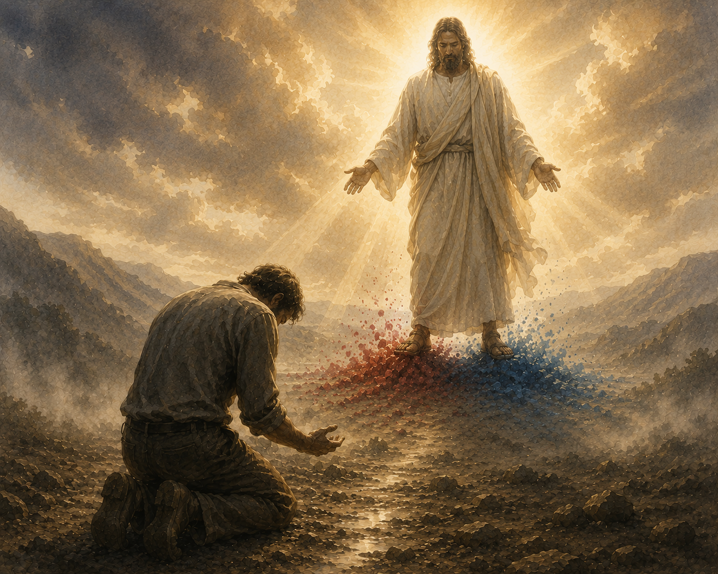 A Christian artwork depicting Jesus Christ standing with outstretched arms above a kneeling man. Jesus is glowing with a golden light, and the man appears to be in repentance or prayer on rocky terrain with mountains in the background.
