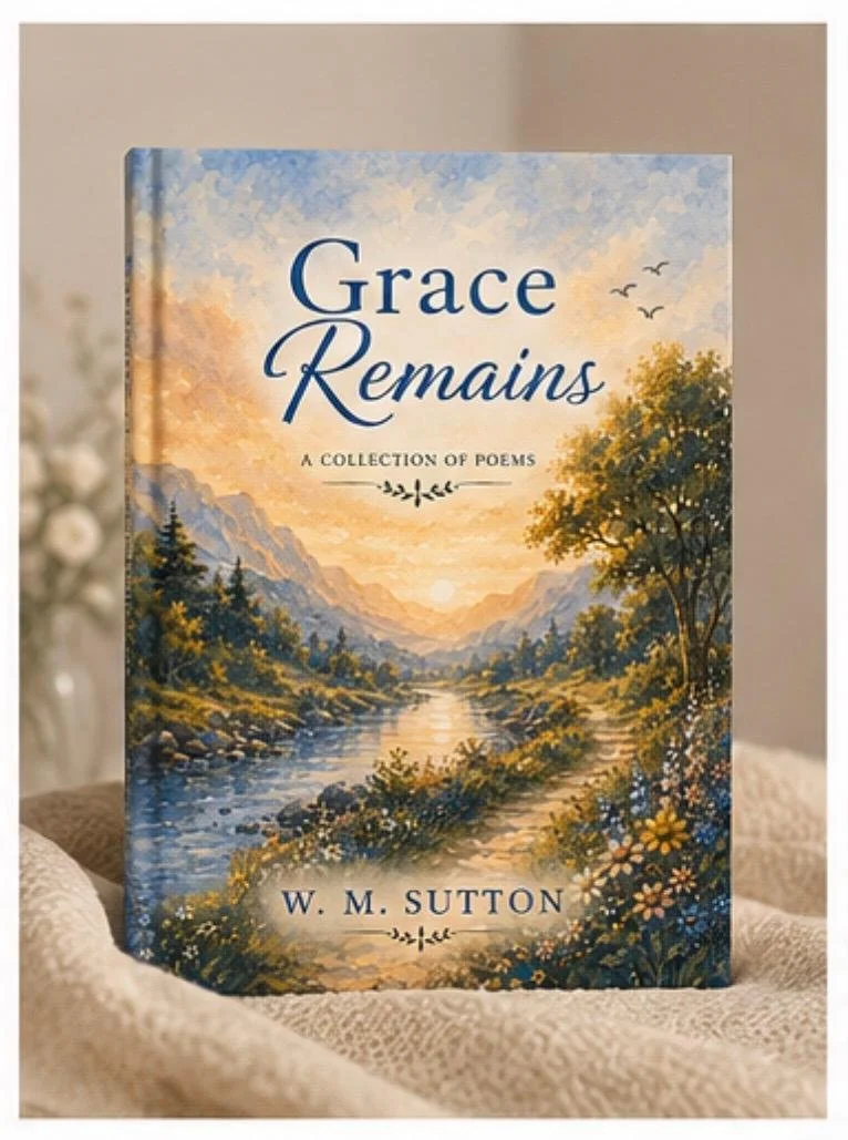 A book titled "Grace Remains: A Collection of Poems" by W. M. Sutton, featuring a landscape painting of a river flowing through mountains, with trees, flowers, and a sunrise or sunset sky.