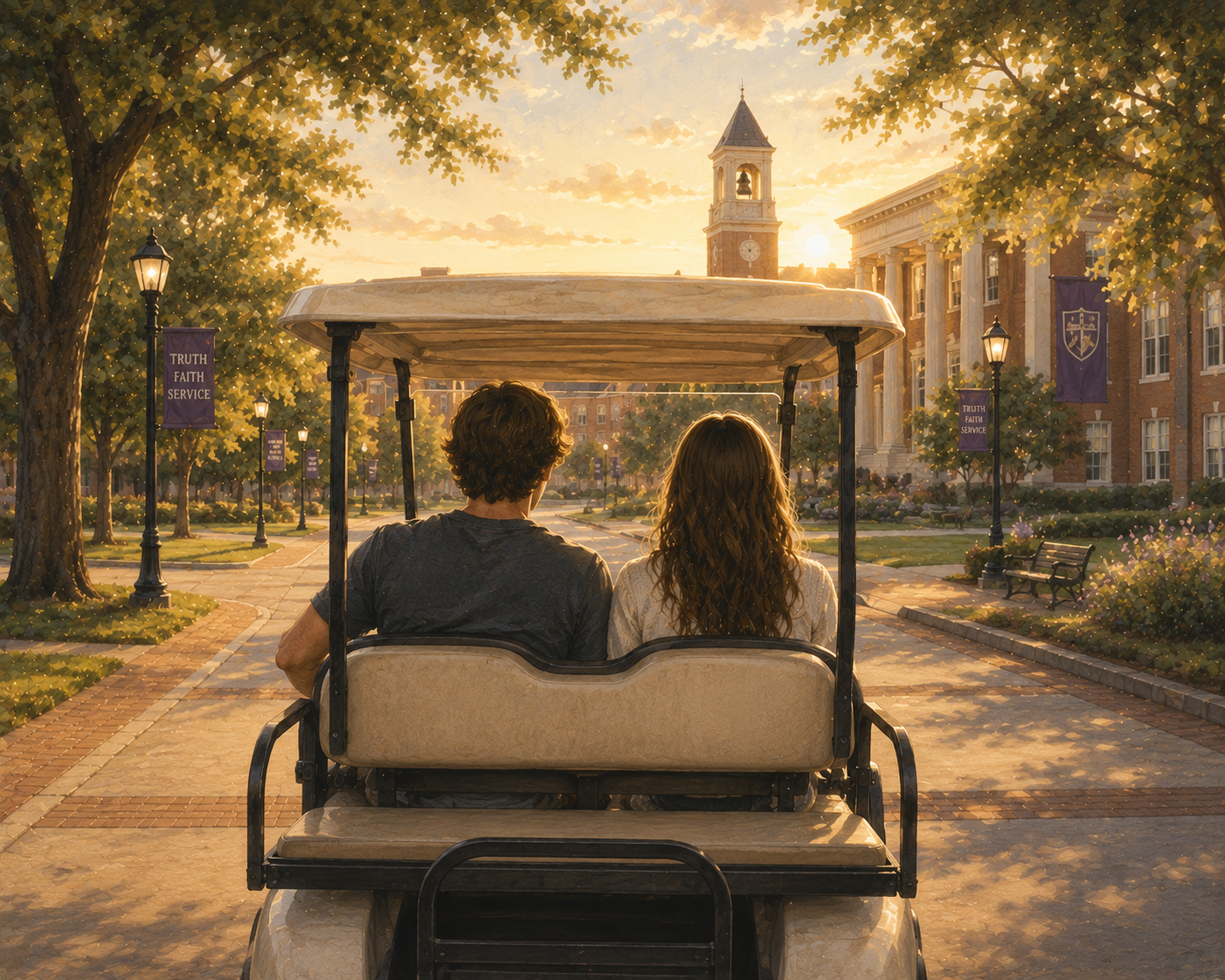 A man and a woman sitting together on a golf cart looking at a church and a sunset on a college campus with banners that say 'Truth Faith Service'.