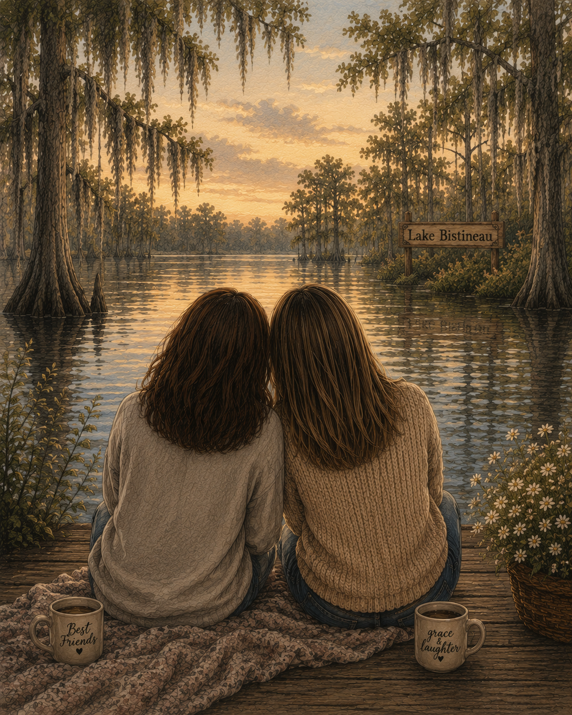 Two women sit on a blanket by Lake Bistineau, watching the sunset with two coffee mugs that read "Best Friends" and "Grace, Laughter."