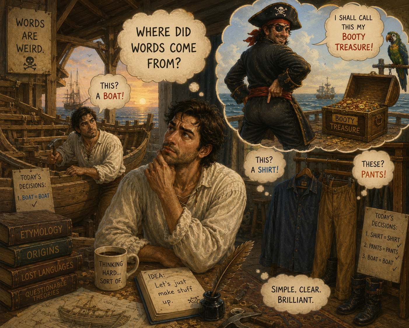 A vivid illustration depicting a man in a boat with books, a mug, and various nautical items. Speech bubbles indicate discussions about words' origins and definitions, referencing a pirate-themed treasure chest of booties. The scene includes a pirate figure, clothing explanations, and decision boards on language. The setting appears to be a maritime workshop or classroom with a ship and sunset in the background.