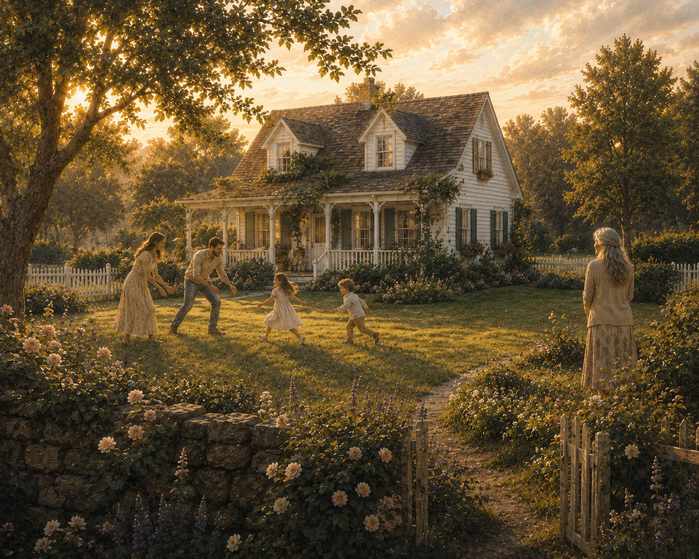 Family playing in the yard of a white, vintage-style house with a porch during sunset. A woman with long gray hair stands to the right, watching. The house is surrounded by trees, flowers, and a white picket fence.