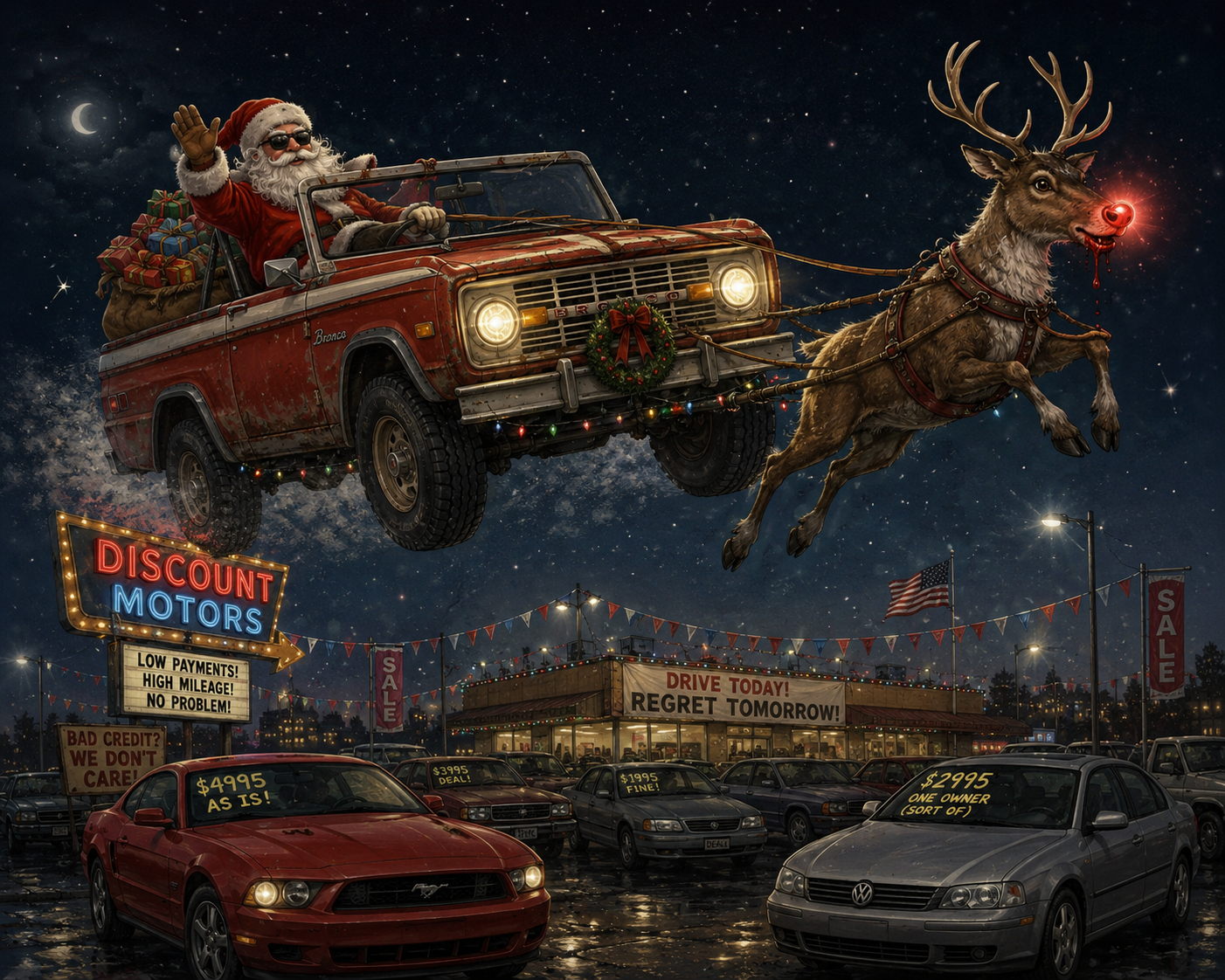 Santa Claus in a red pickup truck flying through the night sky pulled by a reindeer; the truck is decorated with a holiday wreath and Christmas lights. In the background, a dealership lot with cars for sale, American flags, and holiday banners.