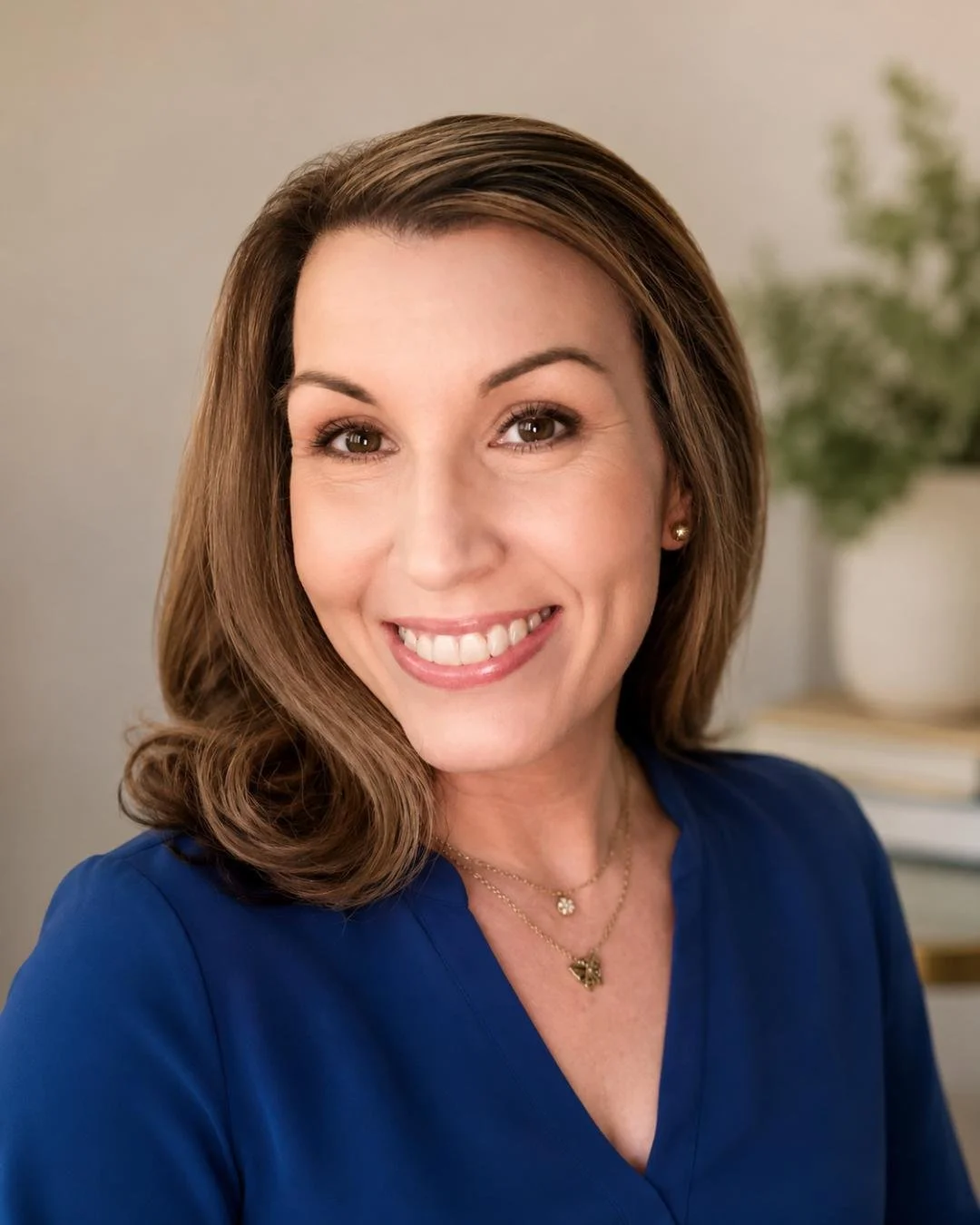 A smiling woman with shoulder-length brown hair, wearing a navy blue top and gold jewelry, in a well-lit indoor setting with a blurred background of a plant and shelves.