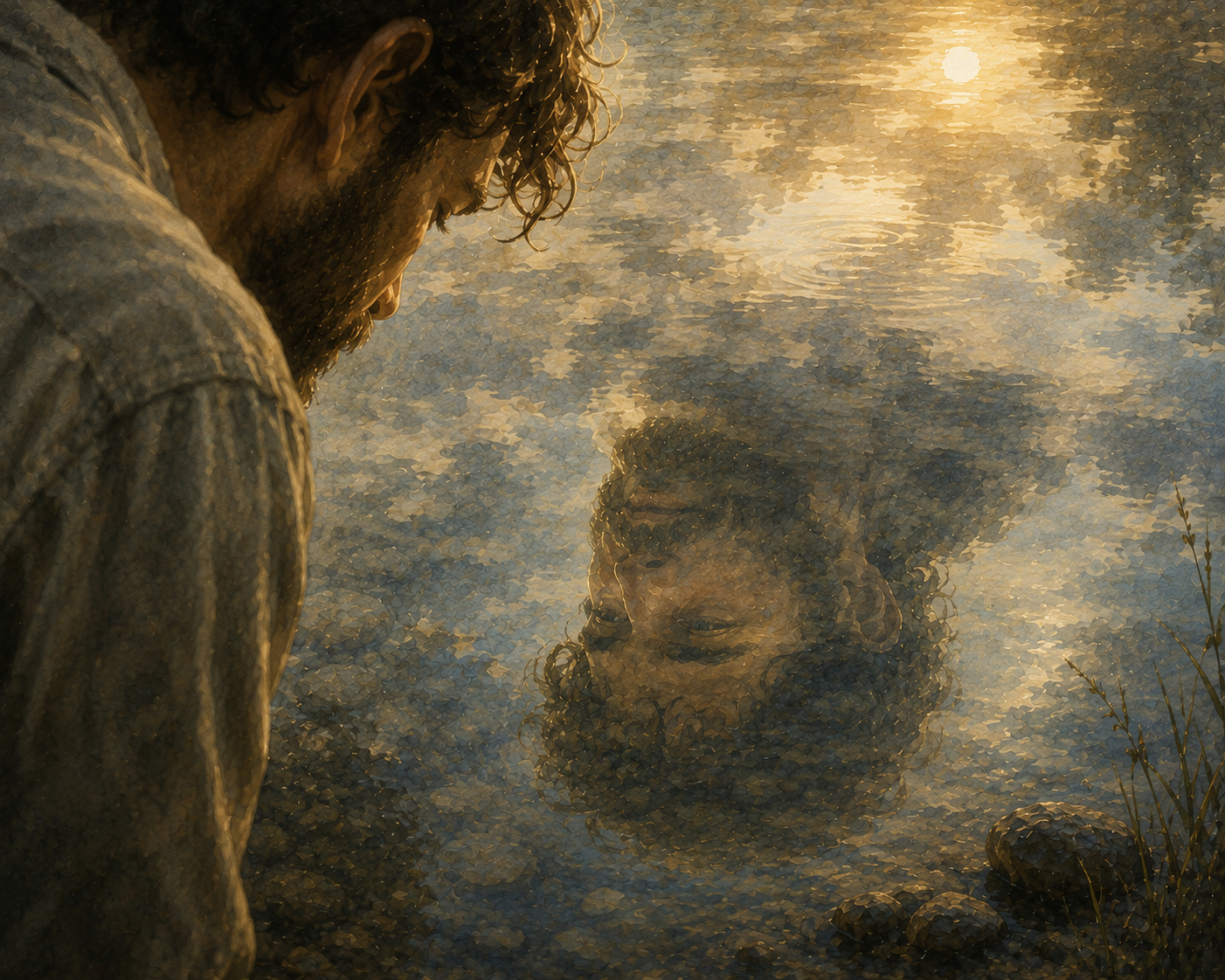 A man looking at a child's reflection in a body of water during sunset, with both the man and child having curly hair.