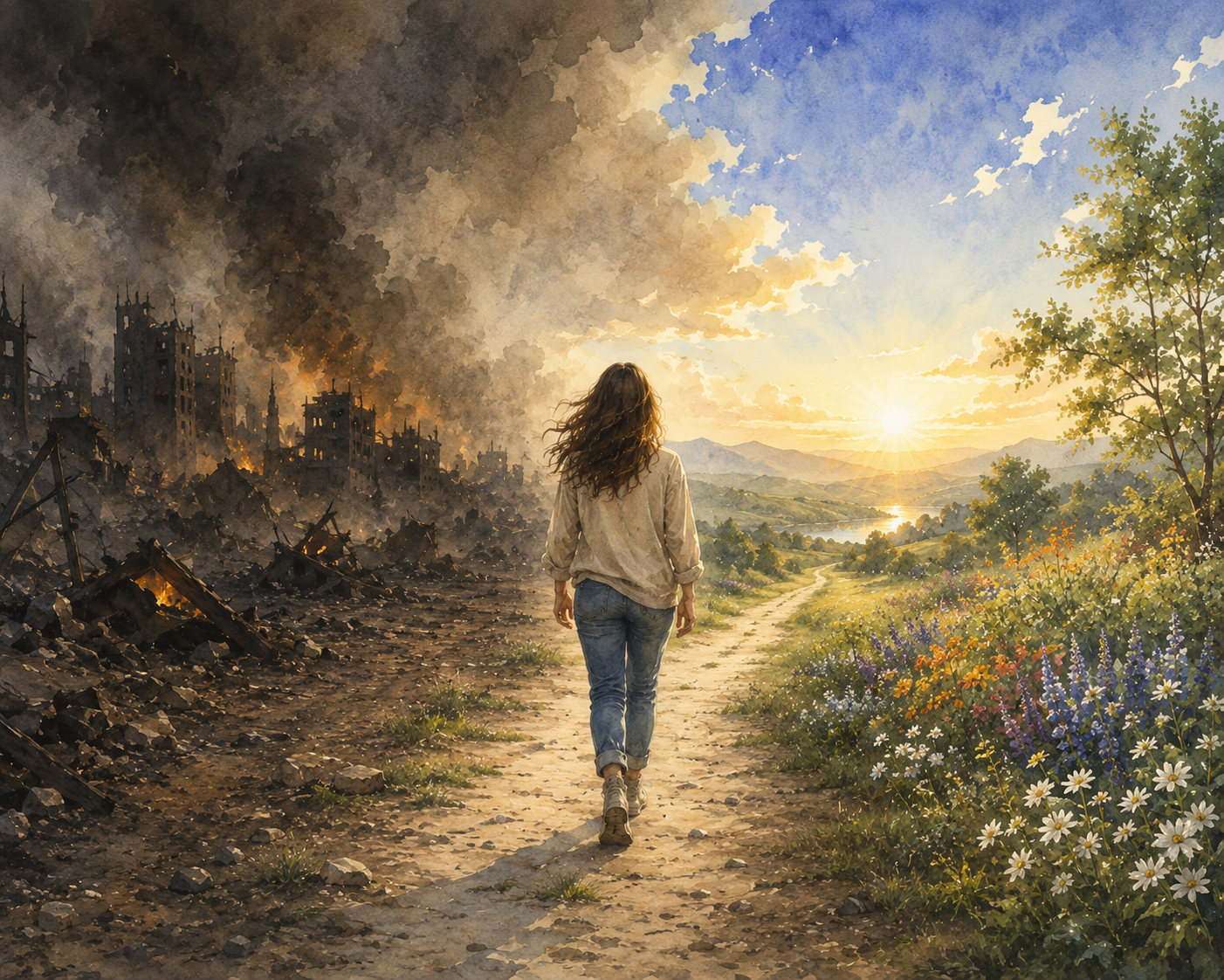 A woman with long hair walking down a dirt path amid a scene of destruction on the left with destroyed buildings and smoke, and a peaceful, sunset-lit landscape on the right with green fields and flowers.