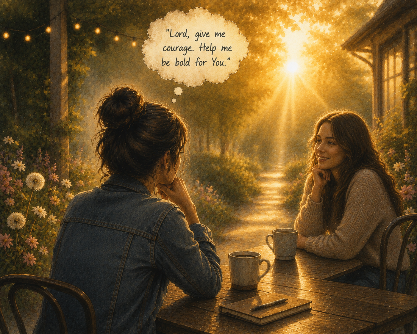 Two women sitting at a table outdoors during sunset, having a conversation. One woman has her hair in a bun and is wearing a denim jacket, the other woman has wavy hair and a cozy sweater. There are two mugs, a notebook, and a pen on the table. The background features flowers, a wooden house, and string lights. A thought bubble above the woman in the denim jacket reads, "Lord, give me courage. Help me be bold for You."