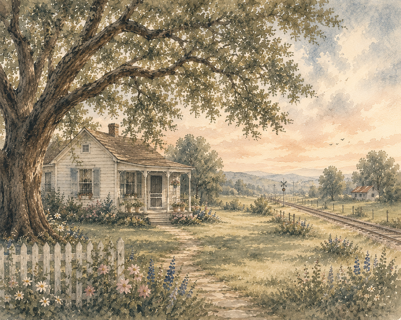 A peaceful rural scene at sunset with a large tree and a white wooden house surrounded by flowers and a white picket fence, with train tracks and a distant small building in the background.
