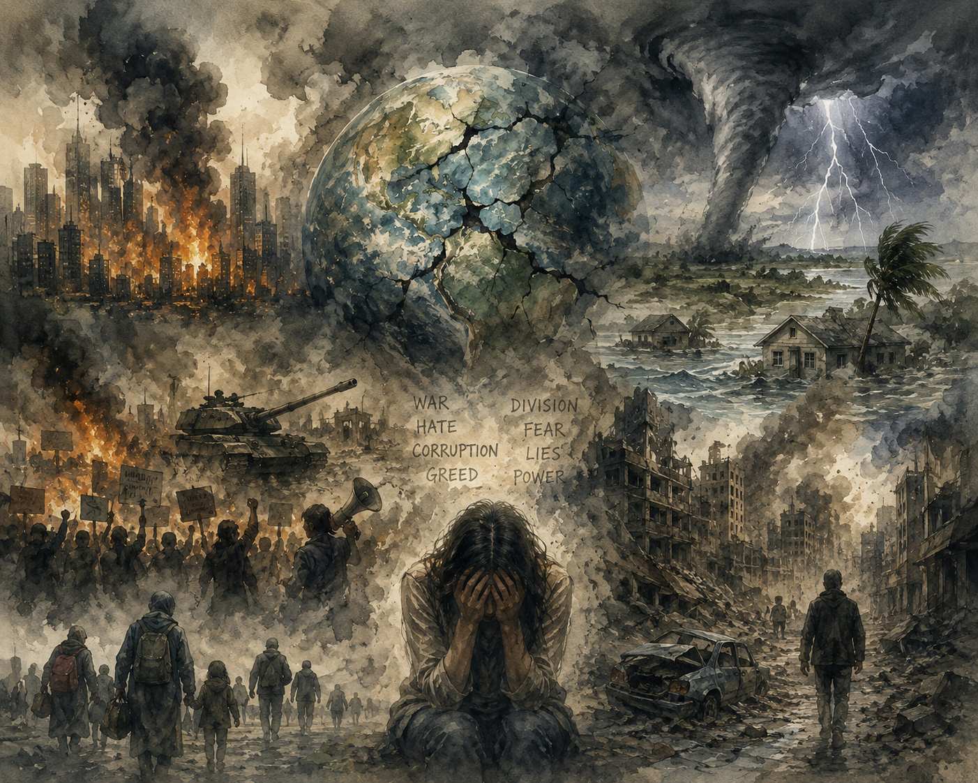 A watercolor illustration depicting a dystopian scene with burning city buildings, police and protesters, a cracked Earth, a tornado, a flooded landscape with houses and a palm tree, and a young woman sitting with her head in her hands in the foreground. Words like 'war,' 'hate,' 'corruption,' 'greed,' 'division,' 'fear,' 'lies,' and 'power' are written across her chest, representing the emotional toll of global catastrophe.