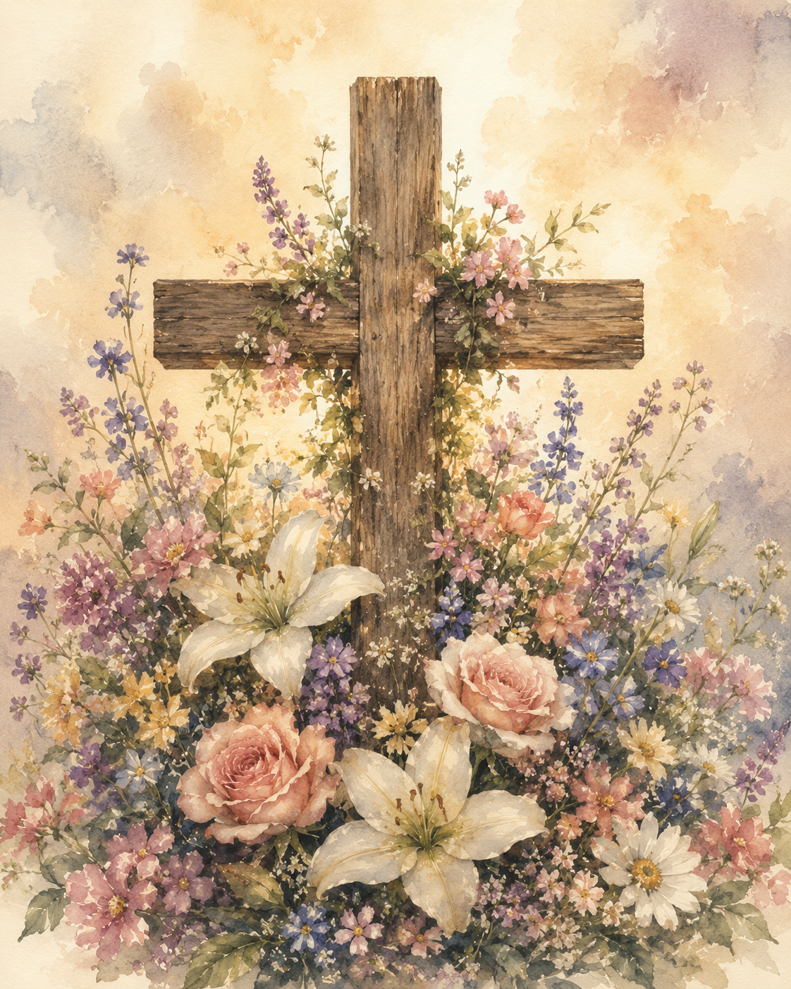 Watercolor painting of a wooden cross surrounded by an array of pink, white, purple, and yellow flowers. The background features soft pastel colors.