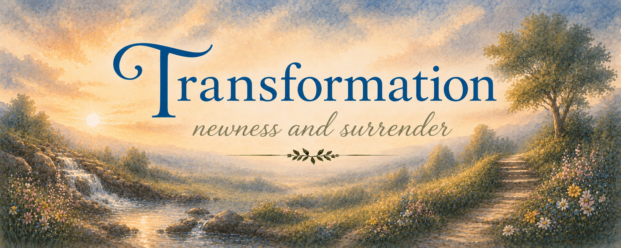 A peaceful, scenic landscape with a waterfall, river, and flowering bushes, under a warm, glowing sunrise. Overlaid text reads 'Transformation, newness and surrender'.