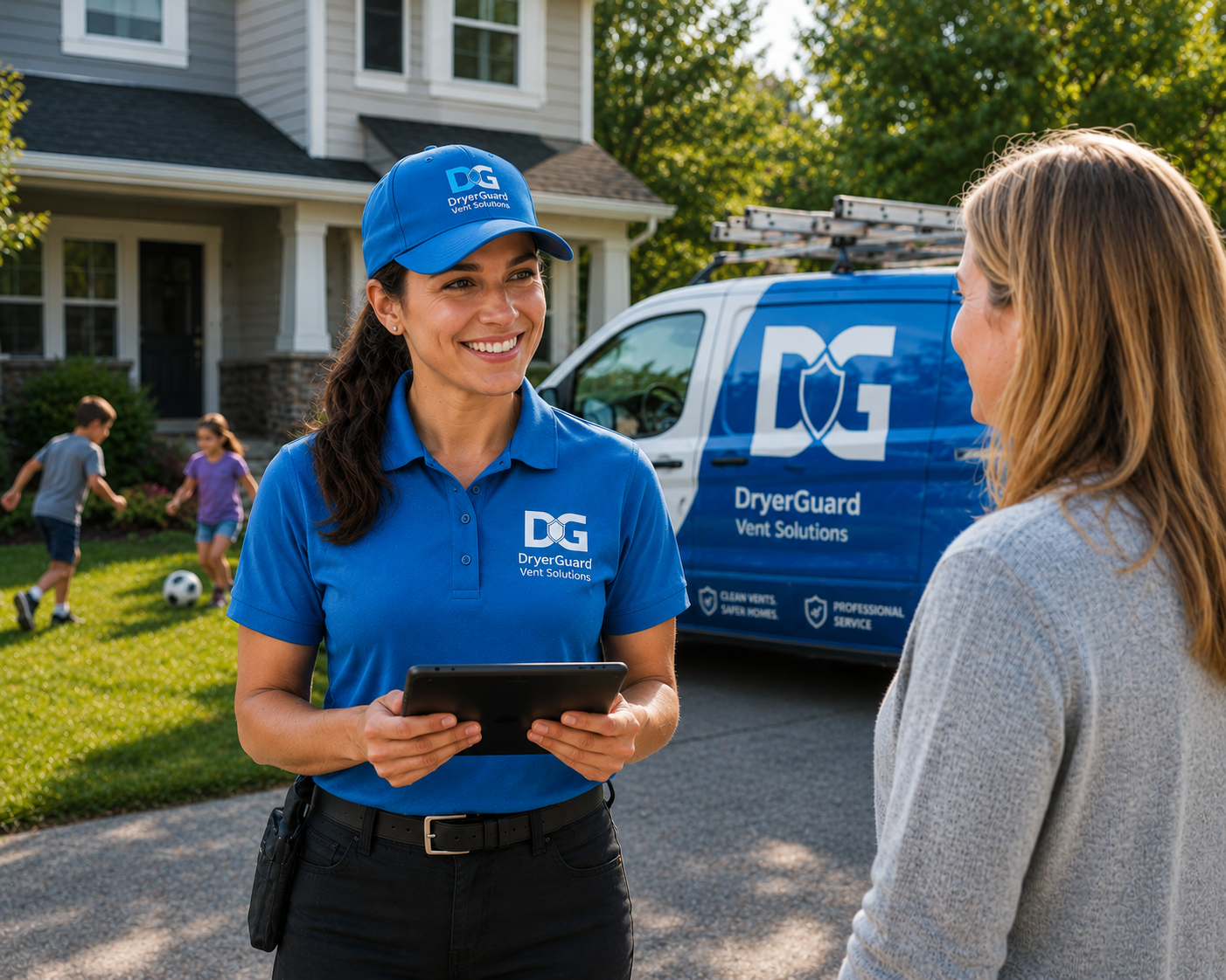 A smiling woman in a blue uniform and cap holding a tablet, talking to a woman in a light sweater, outside a house with children playing soccer in the yard. There is a blue service van with 'DryerGuard Vent Solutions' logo in the background.