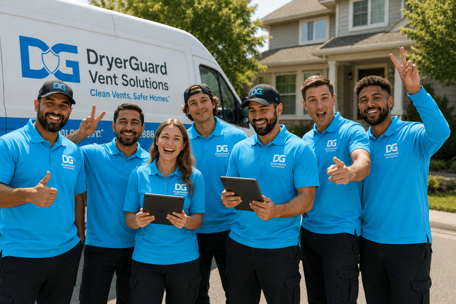 Group of people standing in front of a truck with the company logo, wearing matching blue shirts, smiling, some holding tablets, one making a peace sign, and another giving a thumbs-up outside a house.