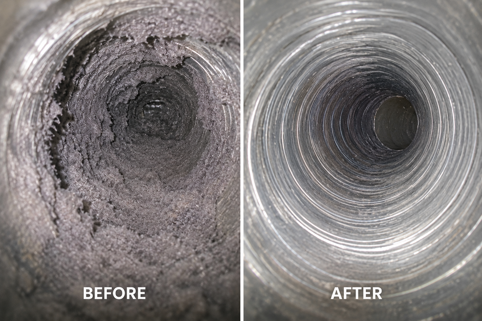 Comparison of a pipe's interior showing buildup of grime or corrosion in the 'before' image and a clean, polished pipe interior in the 'after' image.